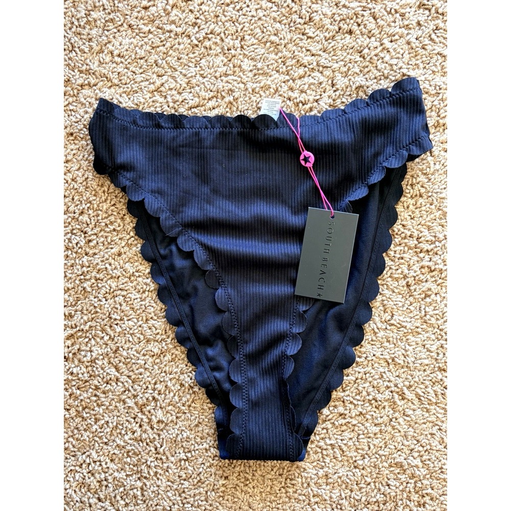 South Beach Classic Black Ribbed Ruffle High Rise‎ Bikini Swim Bottoms US 10 NEW